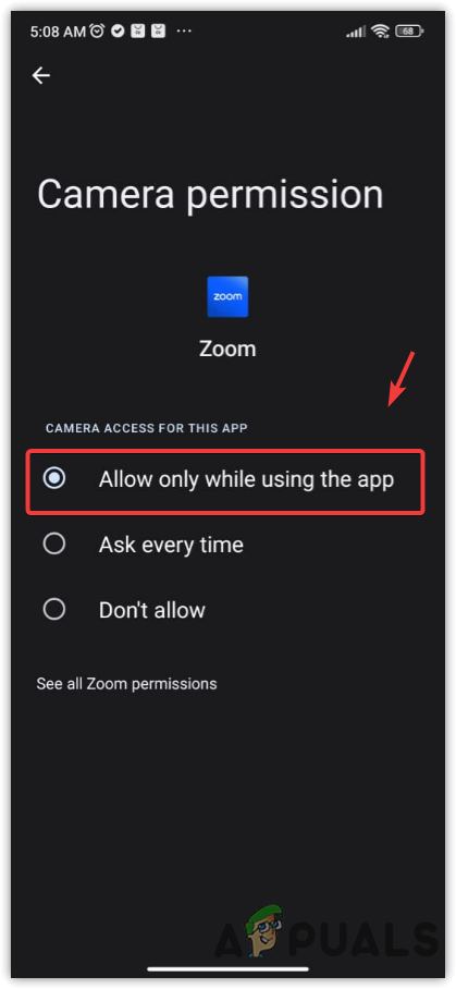 Allowing Zoom app to access the Camera