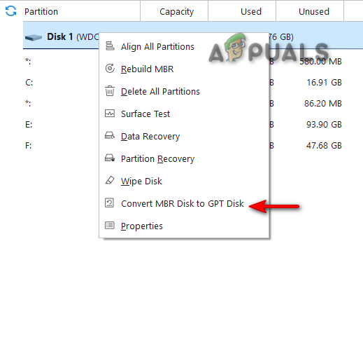 Converting MBR2GPT on the MiniTool Partition Wizard