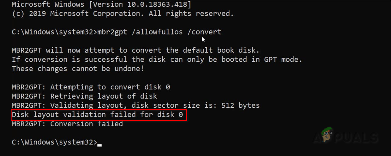 Disk Layout Validation Failed for Disk 0