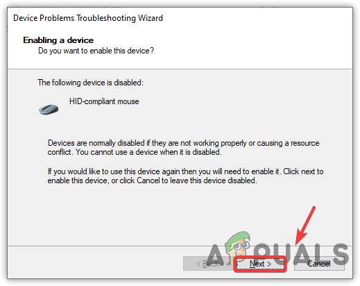 Enabling the Mouse driver by clicking Next