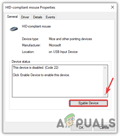 Enabling the Mouse driver from the device manager