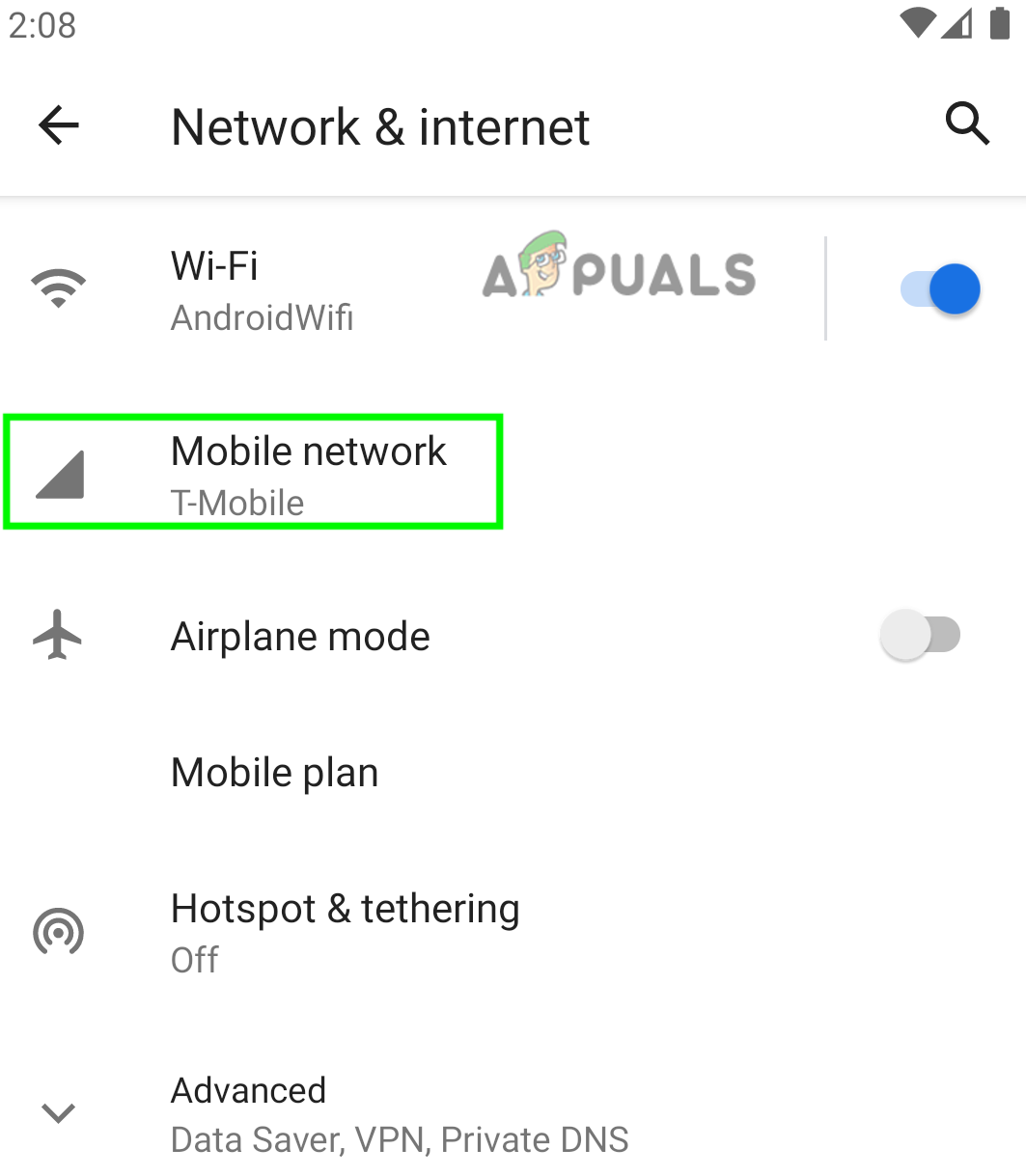 Mobile Network in Android Settings