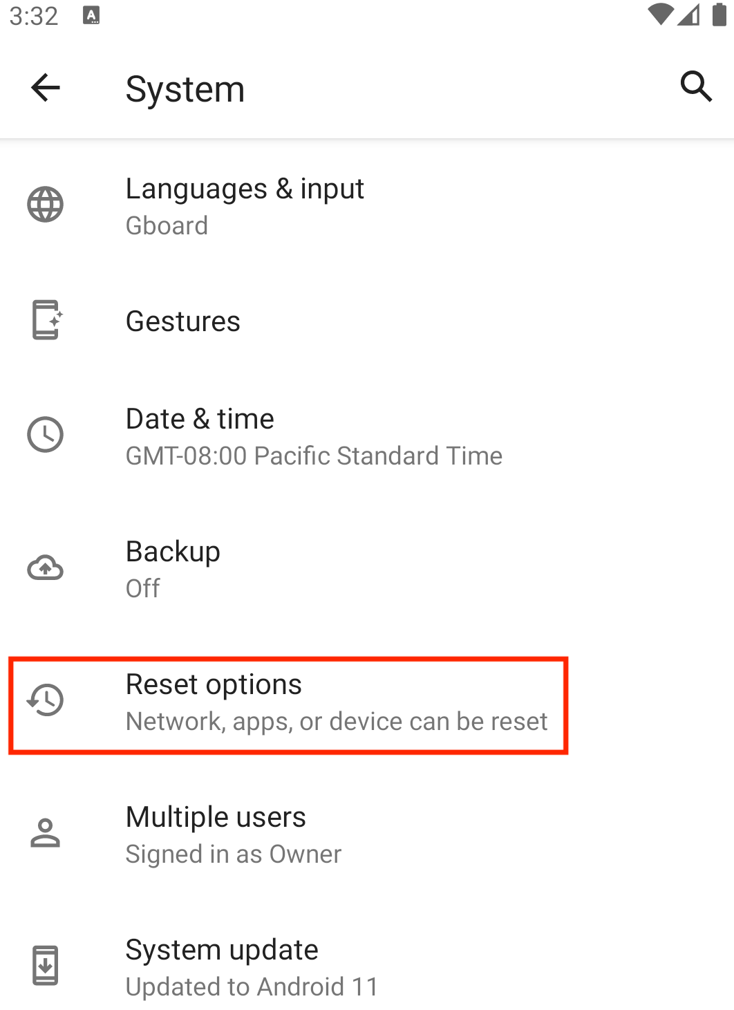Open Reset Options in the System Menu of the Android Phone Settings
