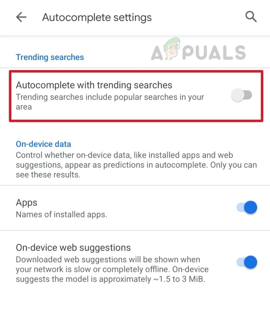 Turn off the toggle for Autocomplete with trending searches