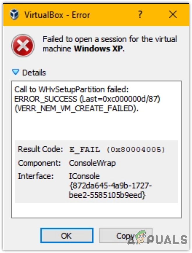 VirtualBox Error 0x80004005