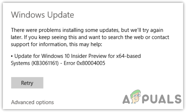 Windows update error 0x80004005 screen