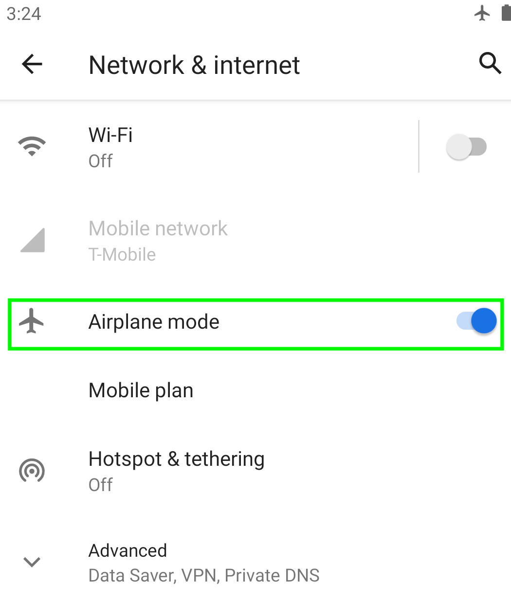 Enabling Airplane mode - Android