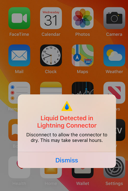 "Liquid Detected in Lightning Connector" pop-up alert on iPhone