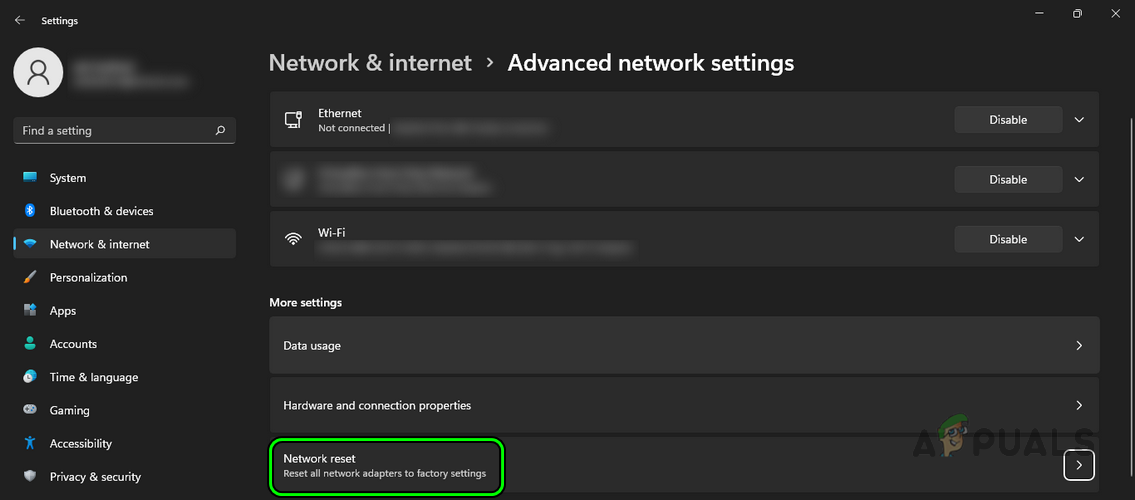 Open Network Reset in the Windows Settings