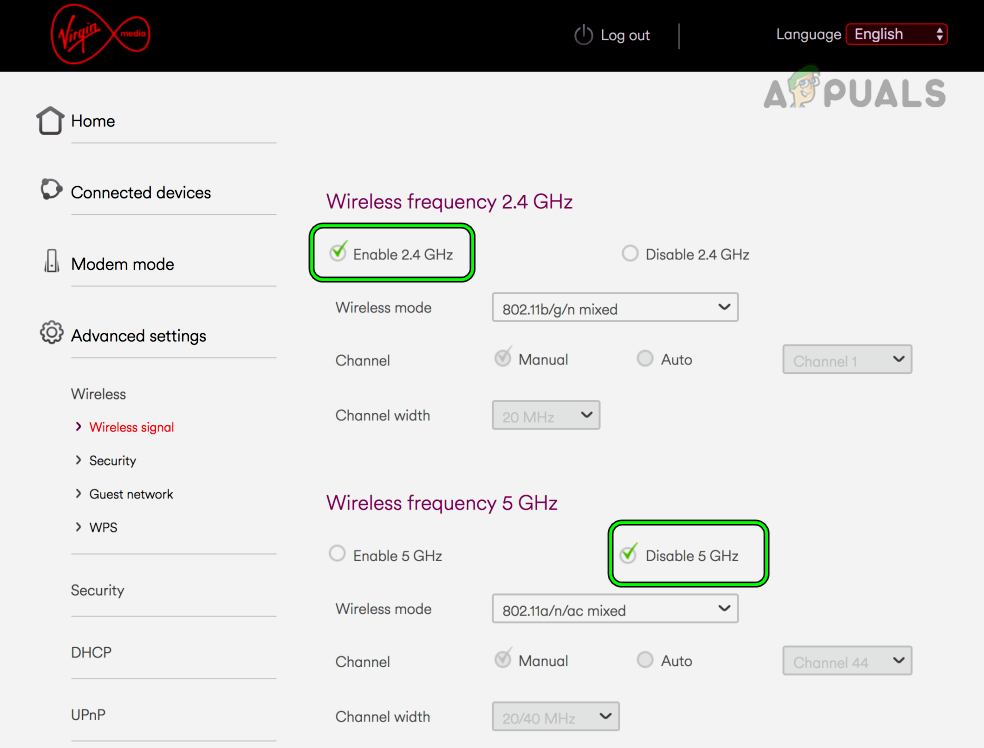 Enable 2.4GHz Band on the Router and Disable 5GHz Band