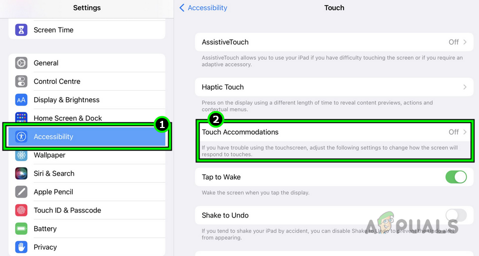 Open Touch Accommodations in the iPad's Accessibility Settings