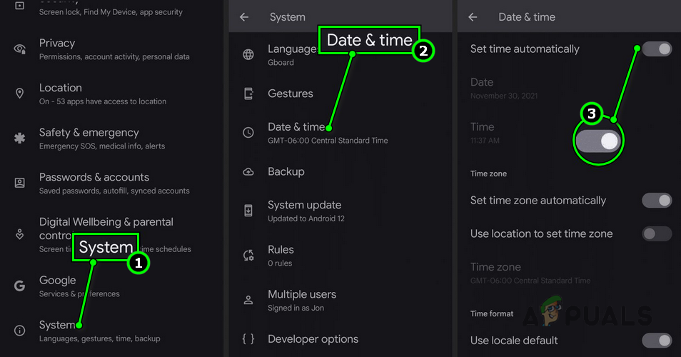 Disable Set Time Automatically in the Date and Time Settings of the Android Phone