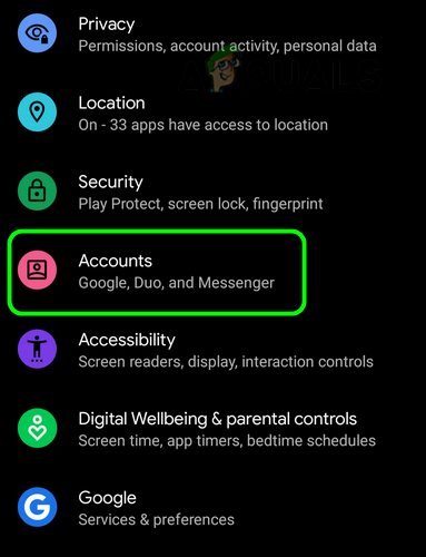 Open Accounts in the Android Phone Settings
