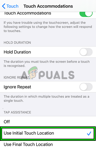 Enable Use Initial Touch Location in the iPad's Touch Settings