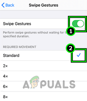 Enable Swipe Gestures and Set Required Movement to Standard in the iPad's Touch Settings
