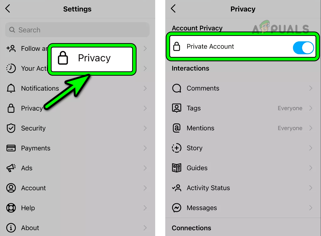 Ativar conta privada nas configurações de privacidade do Instagram