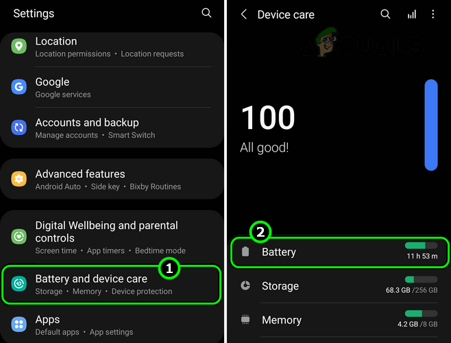 Open Battery in the Battery & Device Care Settings of the Android Phone