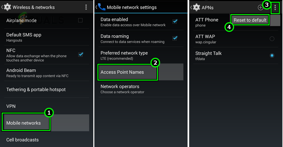 Restore Access Point Names to the Defaults in the Android Phone Settings