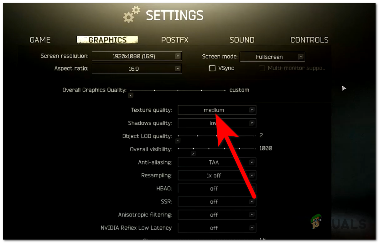 Selecting the Medium setting for Texture quality