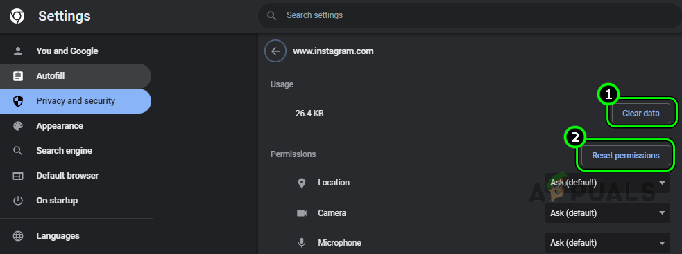 Clear Data and Reset Permissions for the Instagram Website Permissions