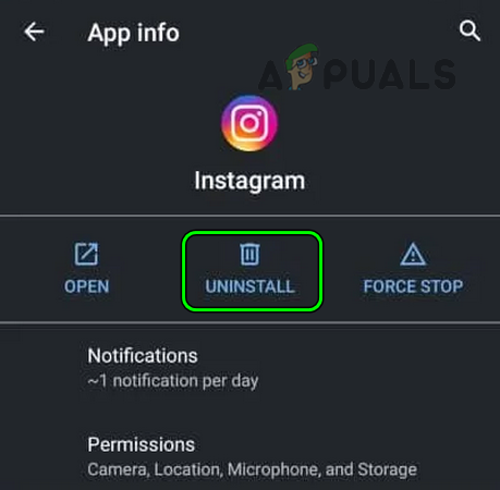 Desinstale o aplicativo Instagram no telefone Android