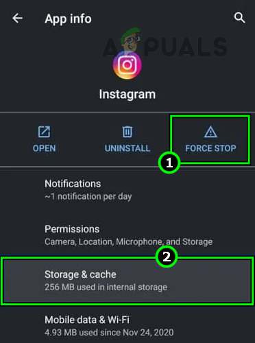 Forçar a parada do aplicativo Instagram e abrir suas configurações de armazenamento