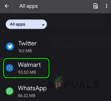 Open Walmart in the Android Apps List