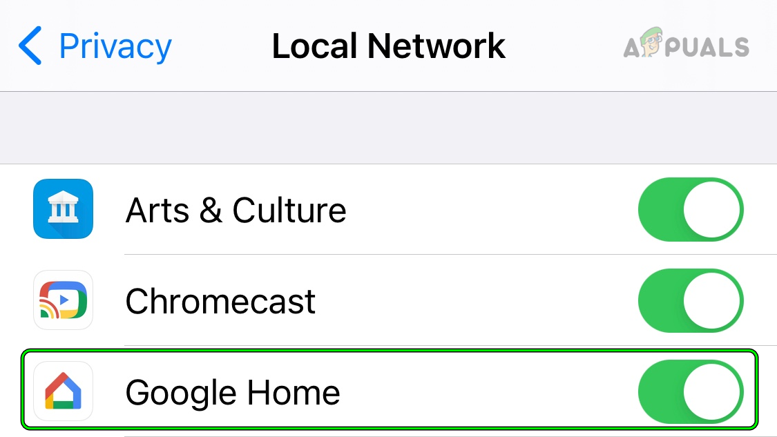 Enable Local Network for Google Home in the iPhone's Privacy Settings