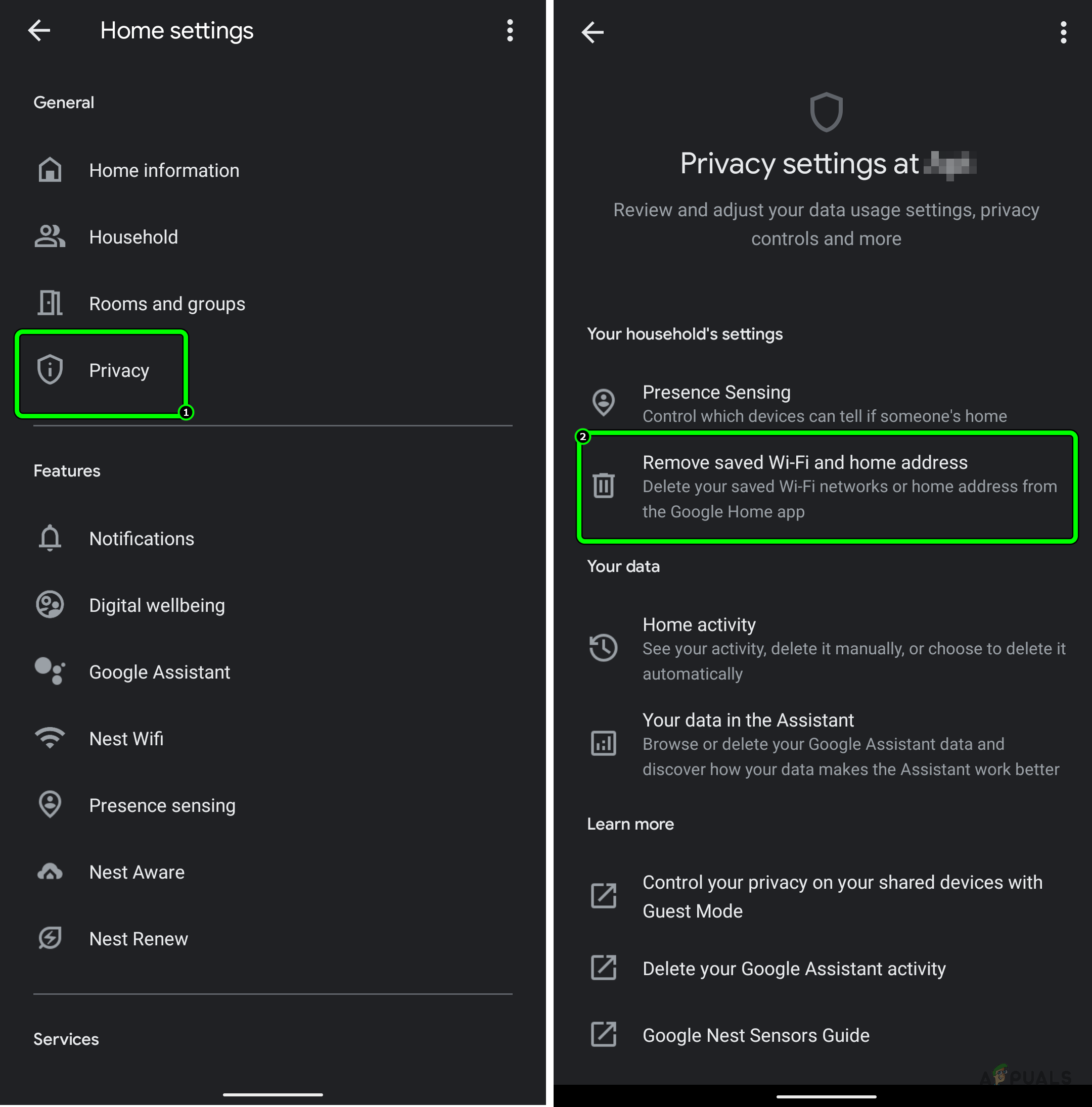 Remove Saved Wi-Fi and Home Address in the Privacy Settings of the Google Home App