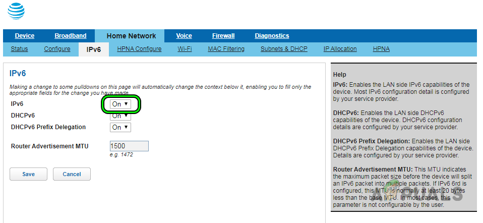 Disable IPv6 in the ATT Router's Settings