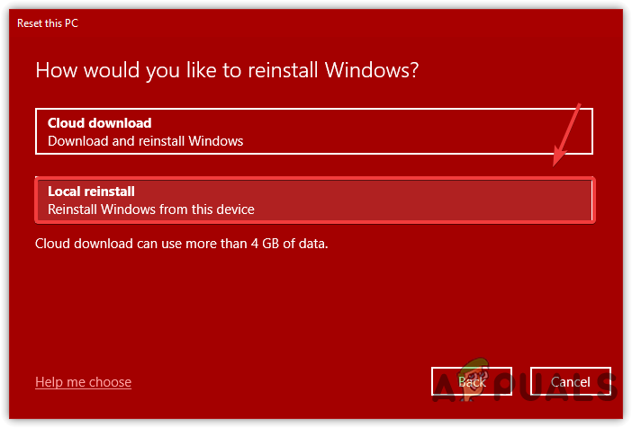 Selecting Local Reinstall