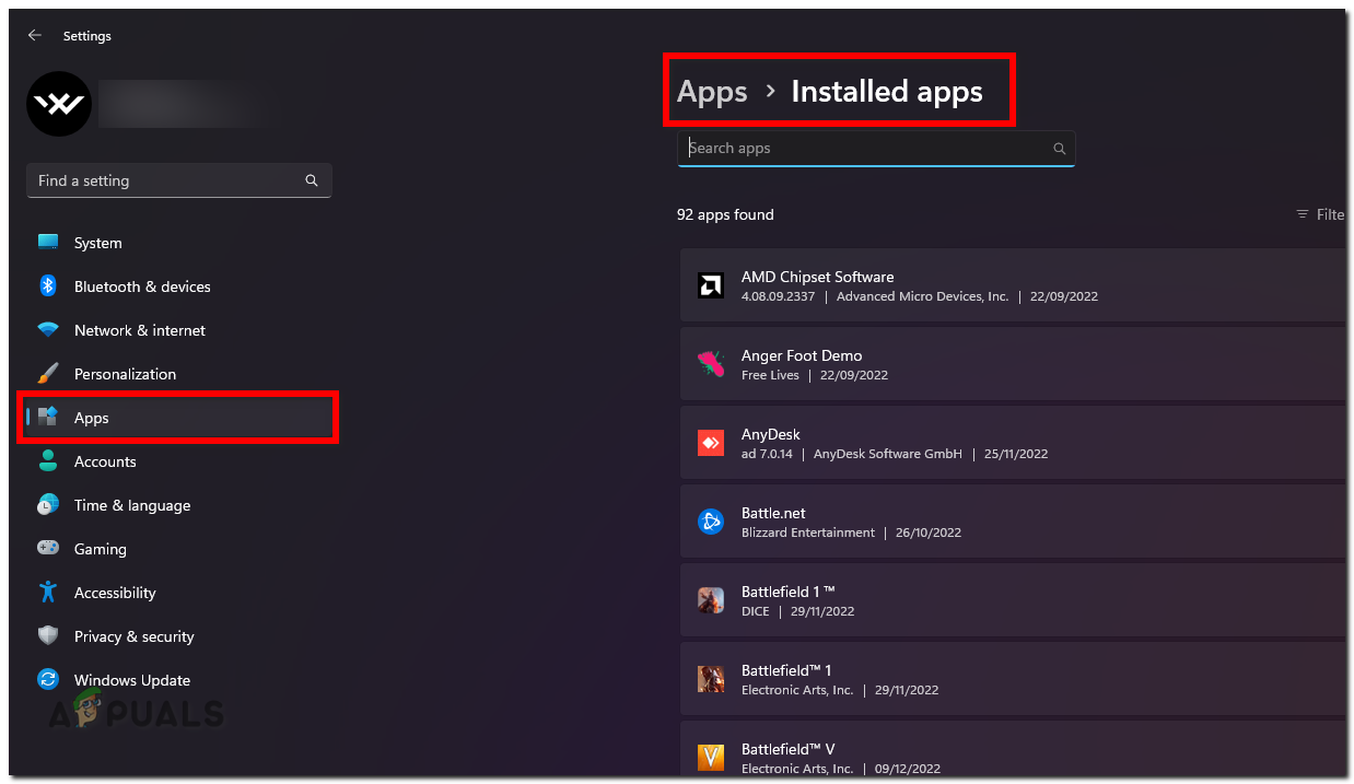 Installed Apps Section in Settings app