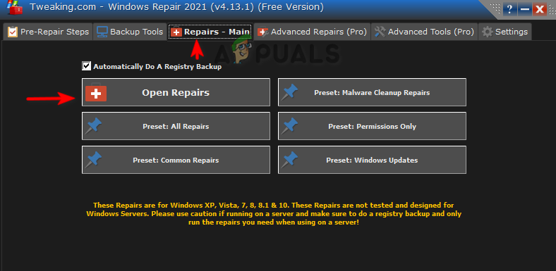 Opening the Windows Repair Pro Repairing page