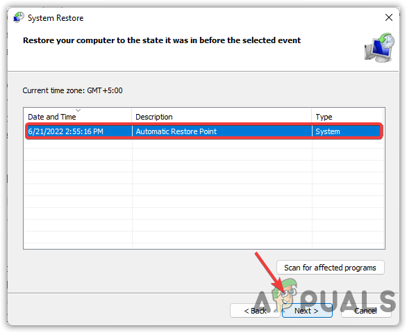 Selecting a Restore Point to restore Windows in a previous state