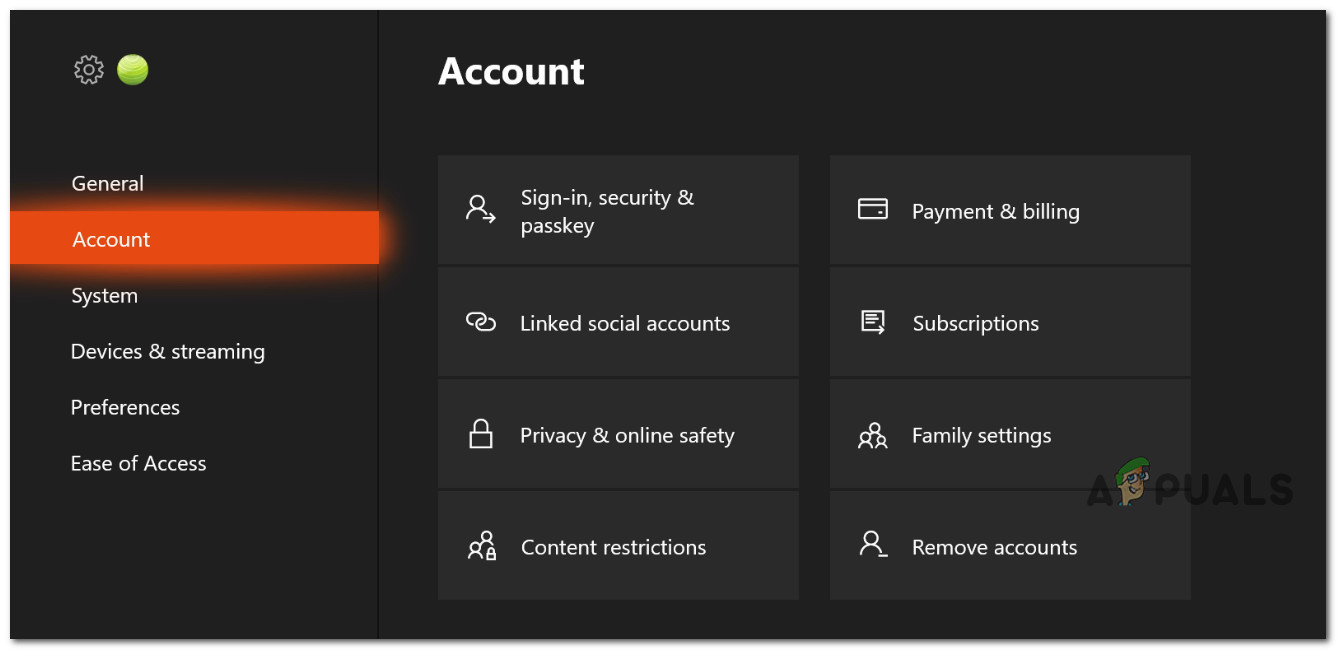 Access the Account menu on Xbox