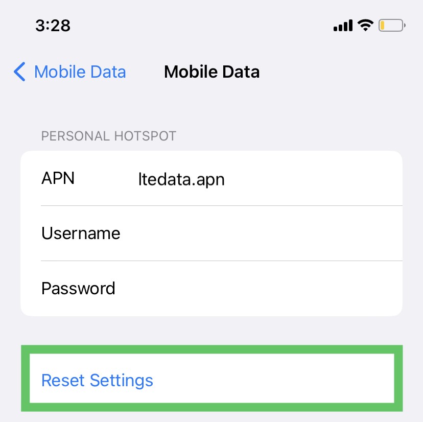 Resetting Mobile Data settings