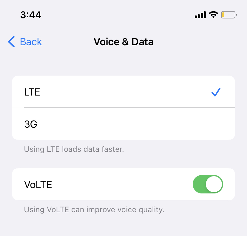 Enabling LTE in Mobile Data options