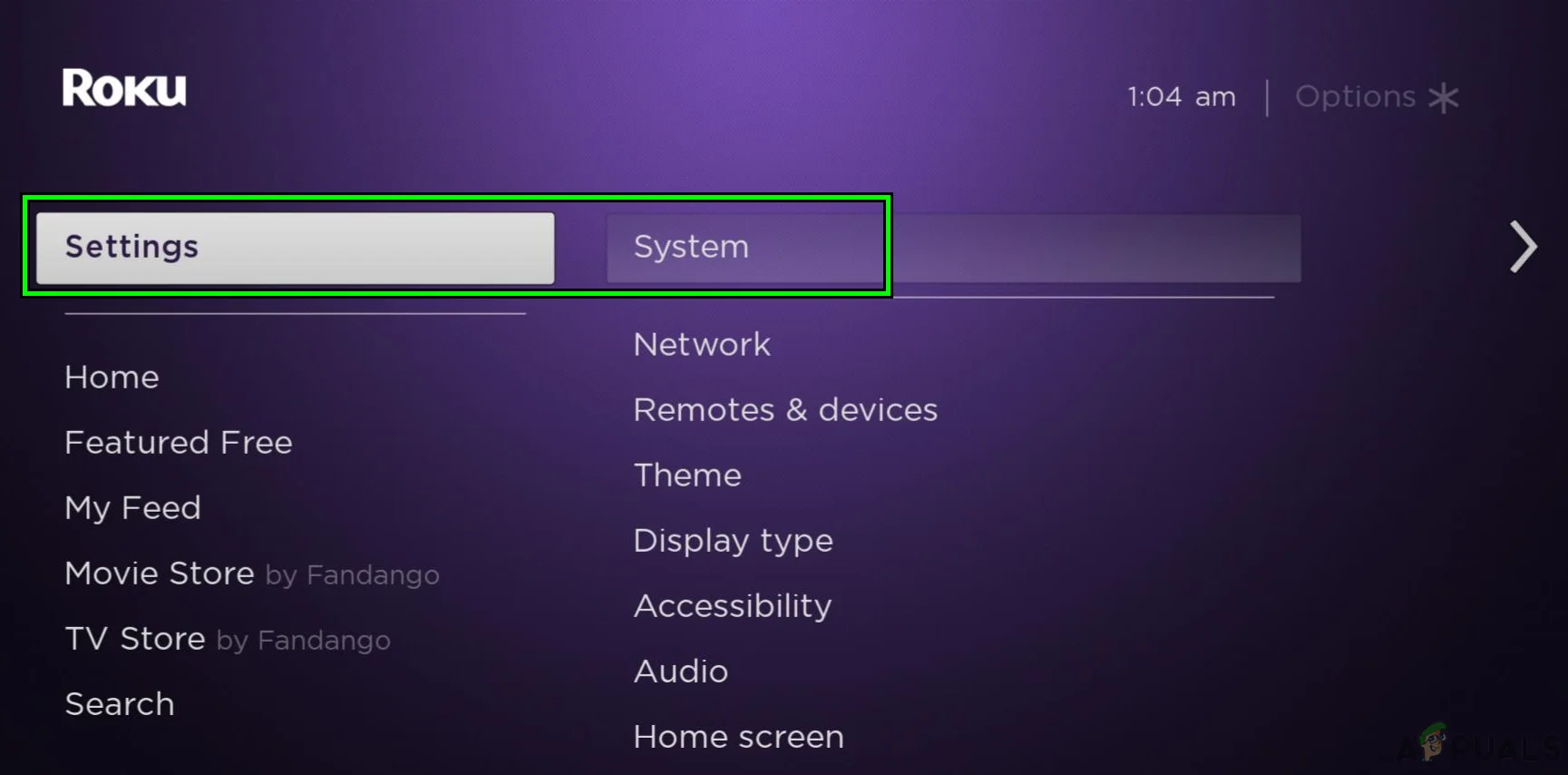 Open System in the Roku Device Settings