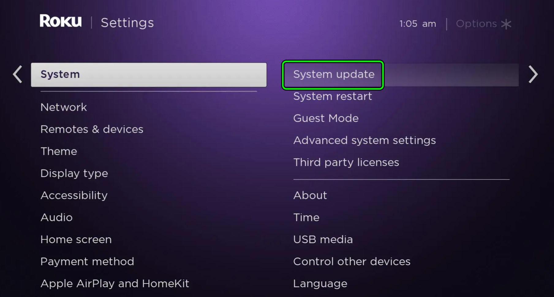 Open System Update in the Roku Device Settings