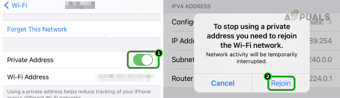 Disable Private Address for the Wi-Fi Network and Rejoin the Network on the iPhone
