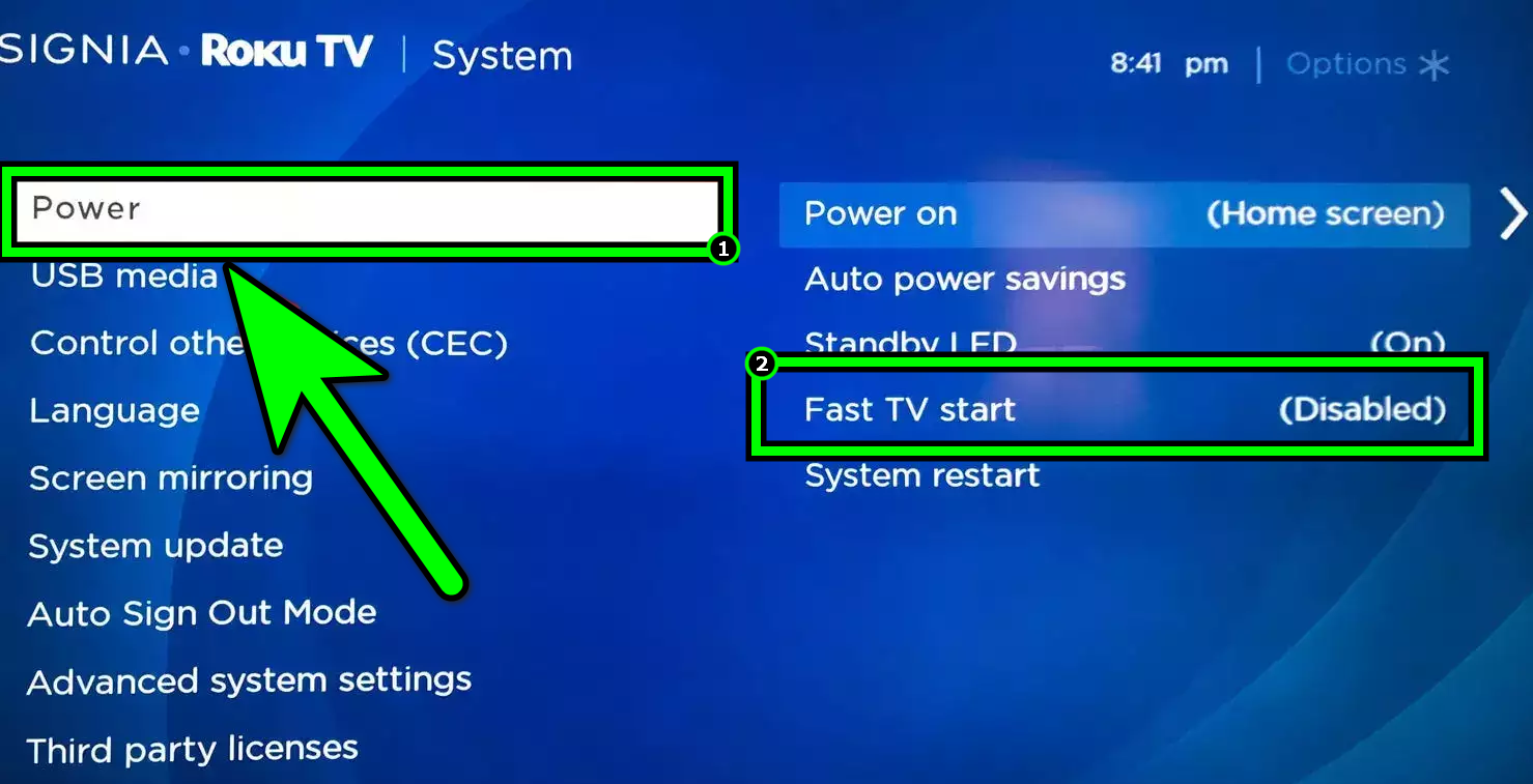 Disable Fast TV Start in the Roku TV Settings