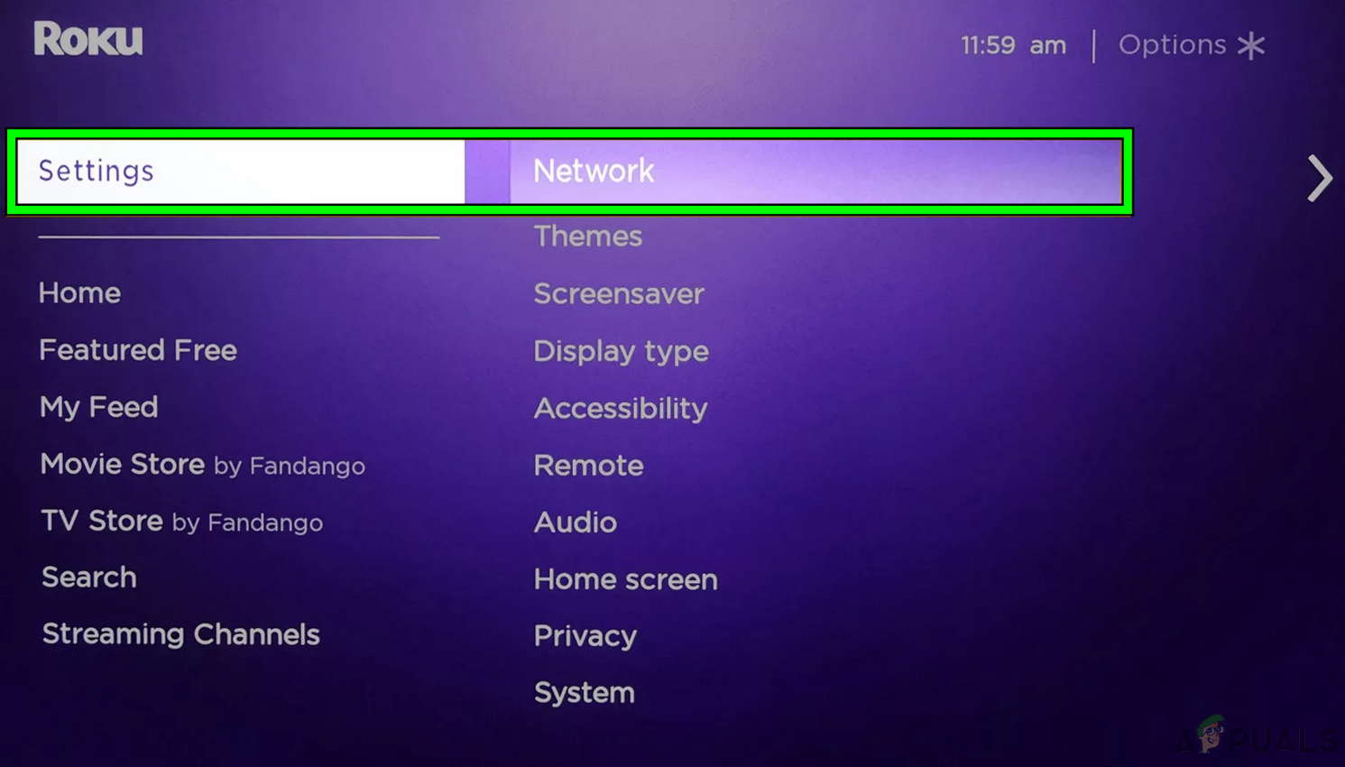 Open Network in the Roku Device Settings