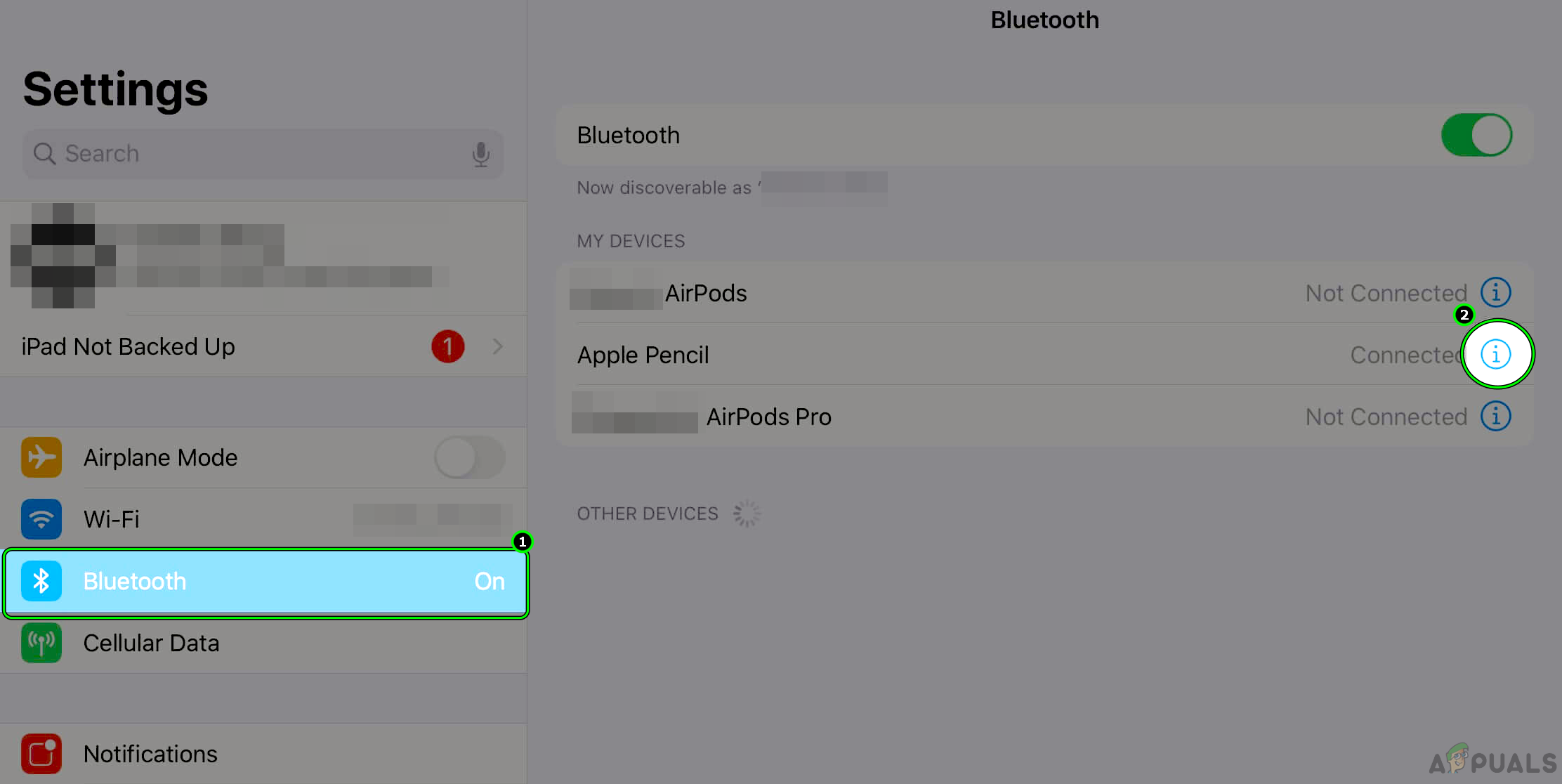 Open the Apple Pencil in the iPad's Bluetooth Settings