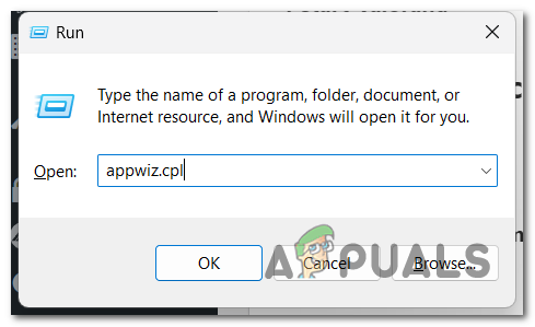 Using a Run dialog box to open the Programs & Features menu