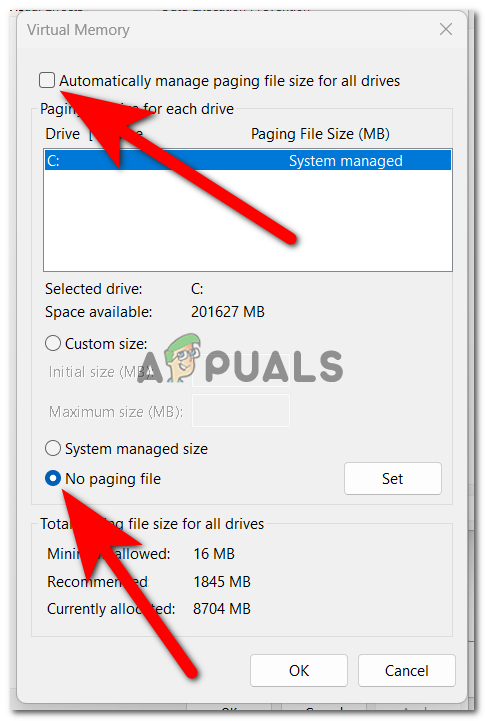 Selecting the No paging file