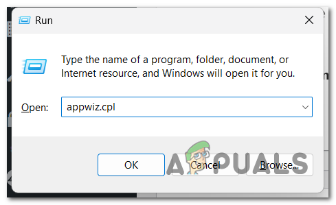 Using a Run dialog box to open the Programs and Features section