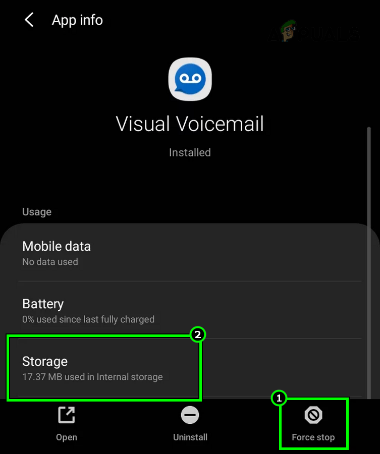 Force Stop the Visual Voicemail App and Open its Storage Settings