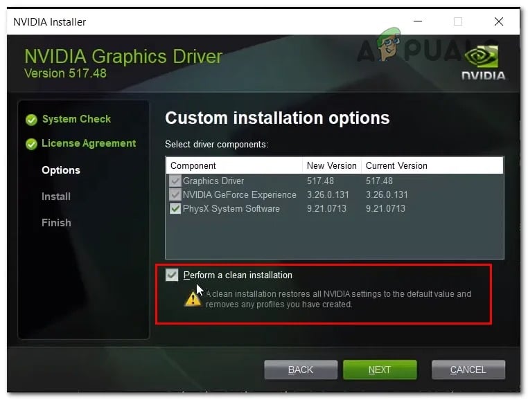 Checking the perform clean installtion box in the Nvidia driver installer