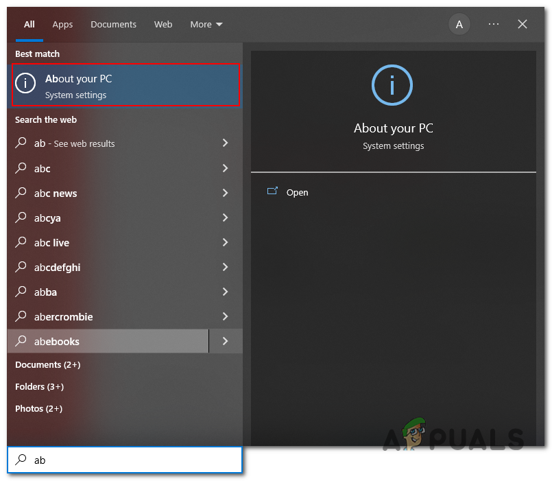 Opening about your PC settings menu via the startup menu