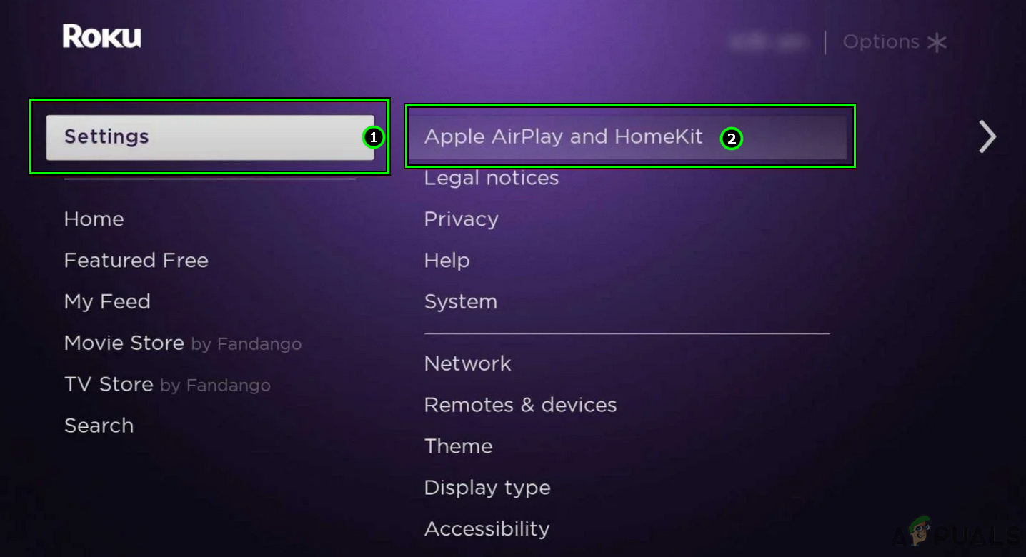 Open Apple Airplay and HomeKit in the Roku Settings